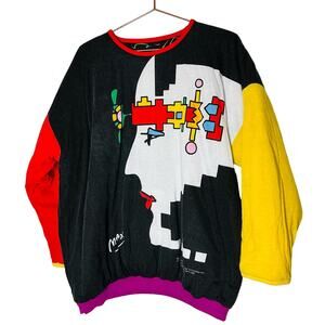 PETER MAX Vintage Custom Design Geo Face Neon Sign Reversible Sweatshirt Size L